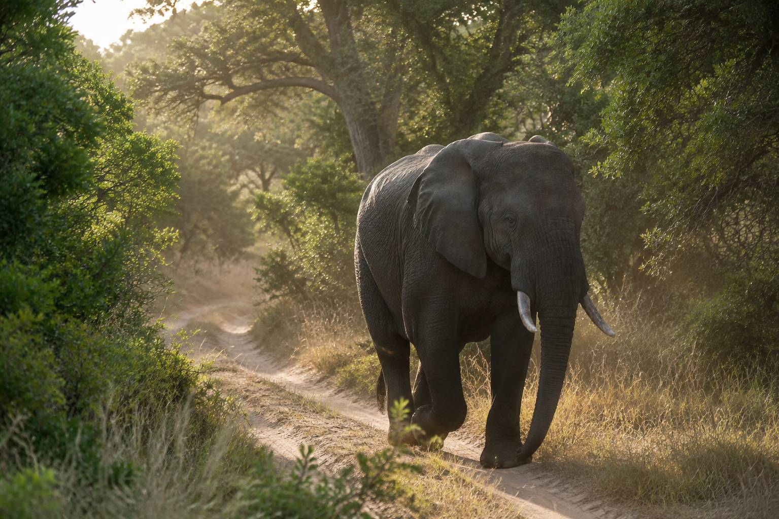 A lone elephant walking along a track through green bush
