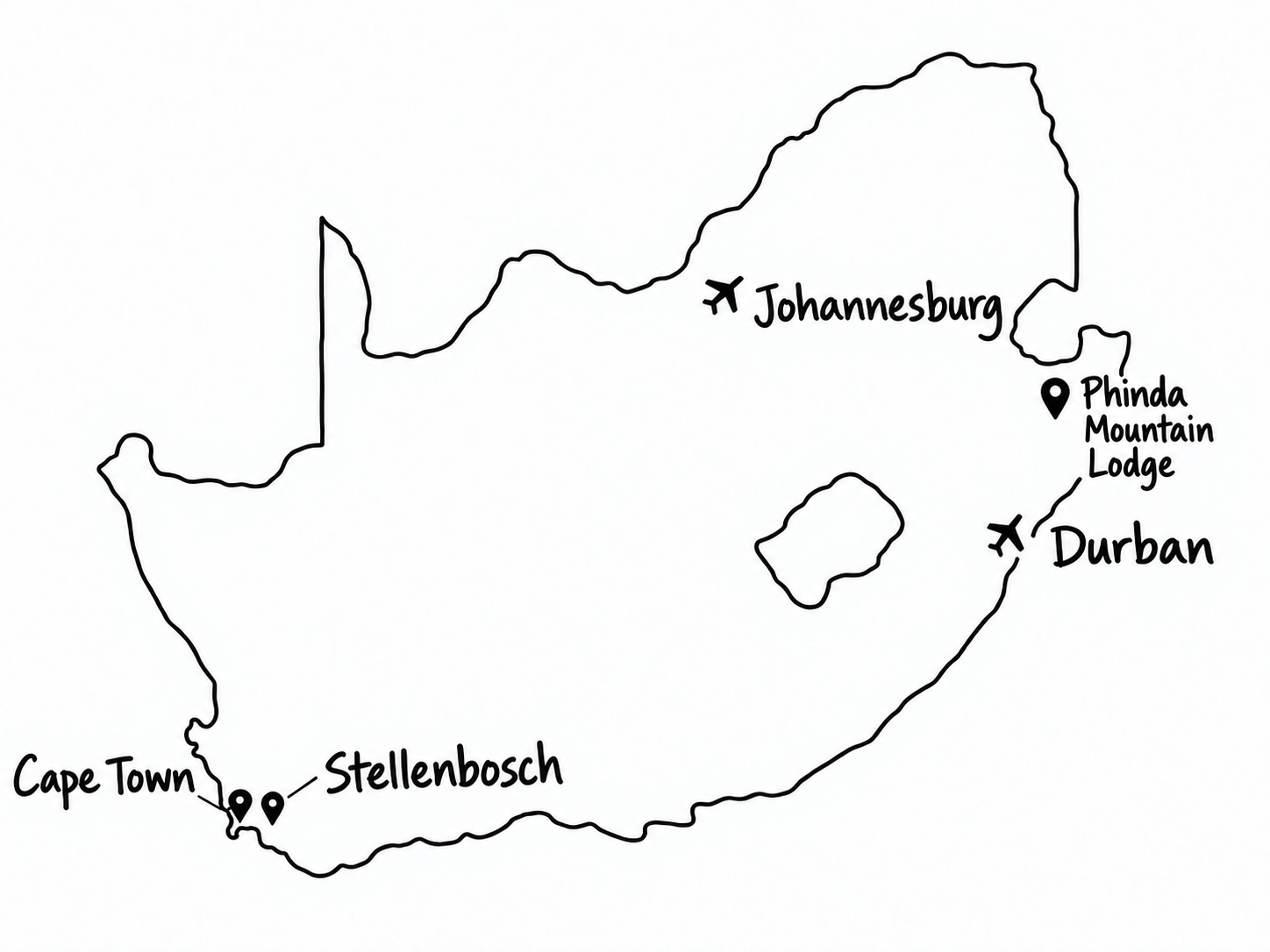 Map of South Africa marking Johannesburg, Durban, Phinda Mountain Lodge, Cape Town and Stellenbosch