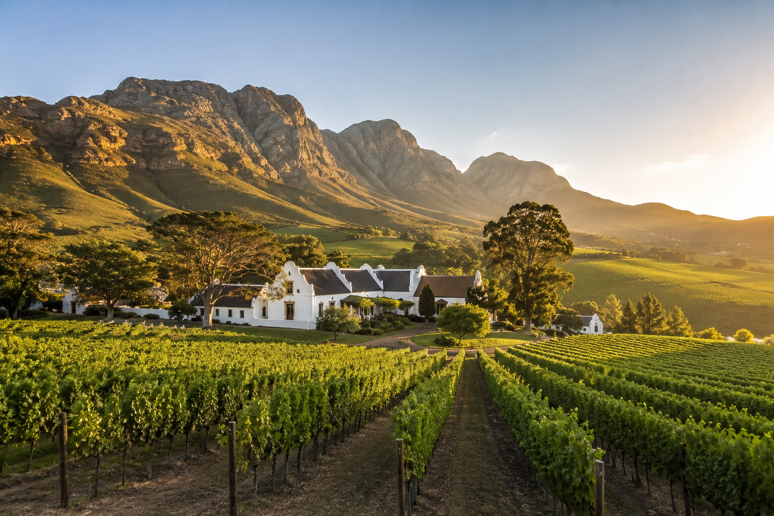 Cape Winelands vineyards beneath the Stellenbosch mountains